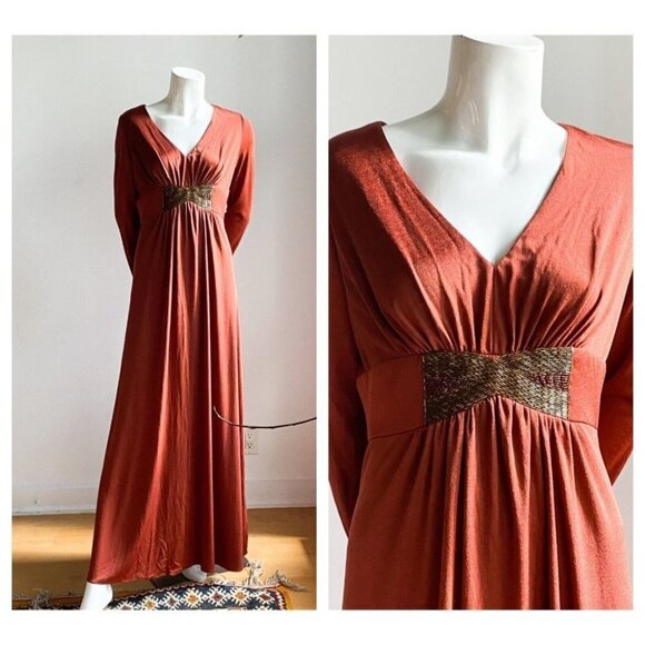 Vintage Copper Brown Slinky Polyester Beaded Empire Waist Elegant Maxi Dress - Picture 1 of 5